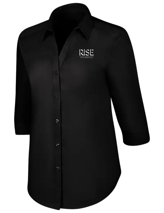 Womens Black 3/4 Sleeve Carefree Poplin Shirt w/Rise Residential Logo