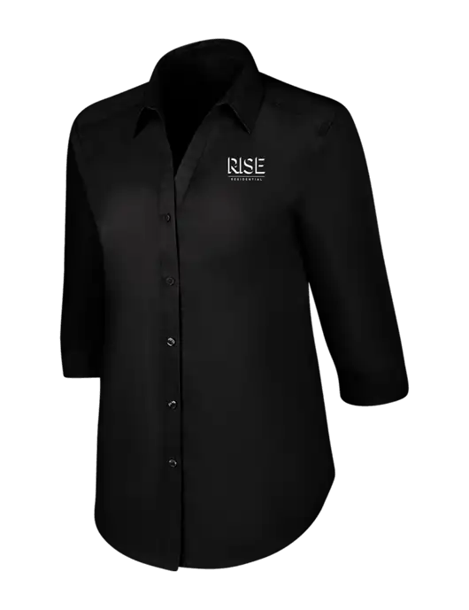 Womens Black 3/4 Sleeve Carefree Poplin Shirt w/Rise Residential Logo