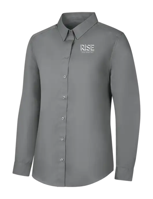 Womens Medium Grey Long Sleeve Carefree Poplin Shirt w/Rise Residential Logo