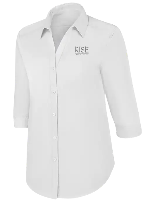 Womens White 3/4 Sleeve Carefree Poplin Shirt w/Rise Residential Logo