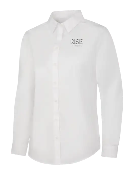 Womens White Long Sleeve Carefree Poplin Shirt w/Rise Residential Logo