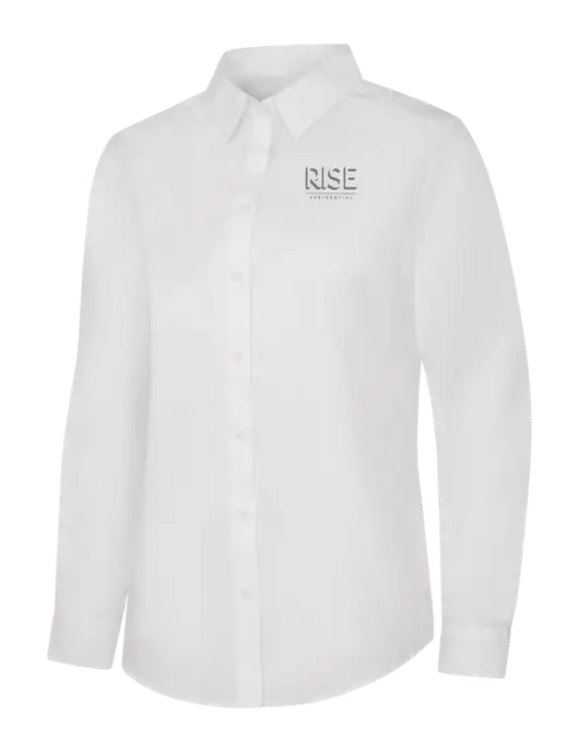 Womens White Long Sleeve Carefree Poplin Shirt w/Rise Residential Logo