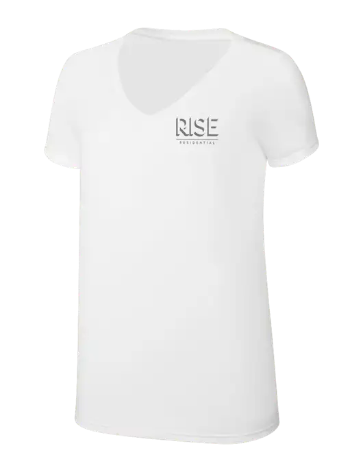 Womens Simply Soft V-Neck White 4.5oz  Poly/Combed Ring Spun Cotton T-Shirt w/Rise Residential Logo