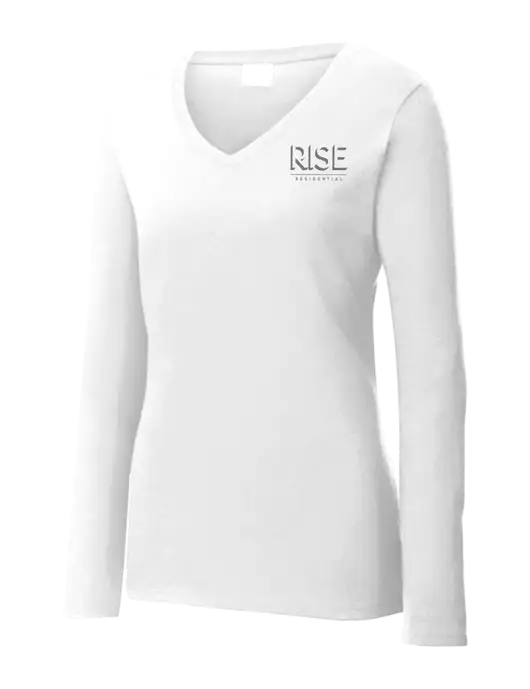Womens  V-Neck Ring Spun White 4.5 oz Long Sleeve T-Shirt w/Rise Residential Logo
