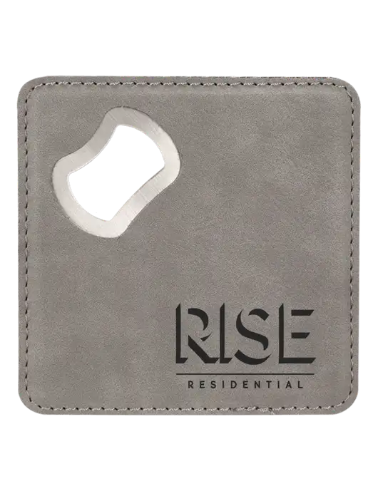 Grey Leatherette Coaster with Bottle Opener w/Rise Residential Logo