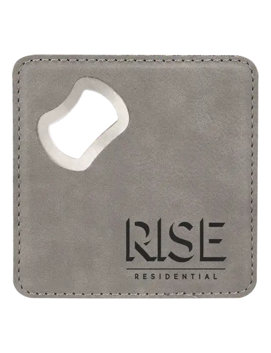 Grey Leatherette Coaster with Bottle Opener w/Rise Residential Logo