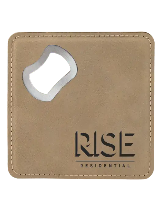 Tan Leatherette Bottle Opener Coaster w/Rise Residential Logo