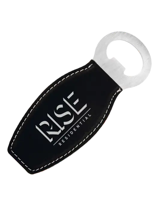 Black Leatherette Bottle Opener with Magnet w/Rise Residential Logo