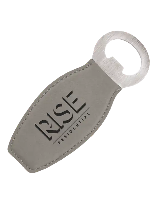 Grey Leatherette Bottle Opener with Magnet w/Rise Residential Logo