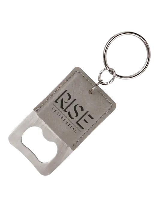 Grey Leatherette Rectangle Bottle Opener Keychain w/Rise Residential Logo