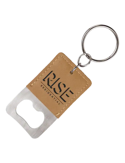 Tan Leatherette Rectangle Bottle Opener Keychain w/Rise Residential Logo