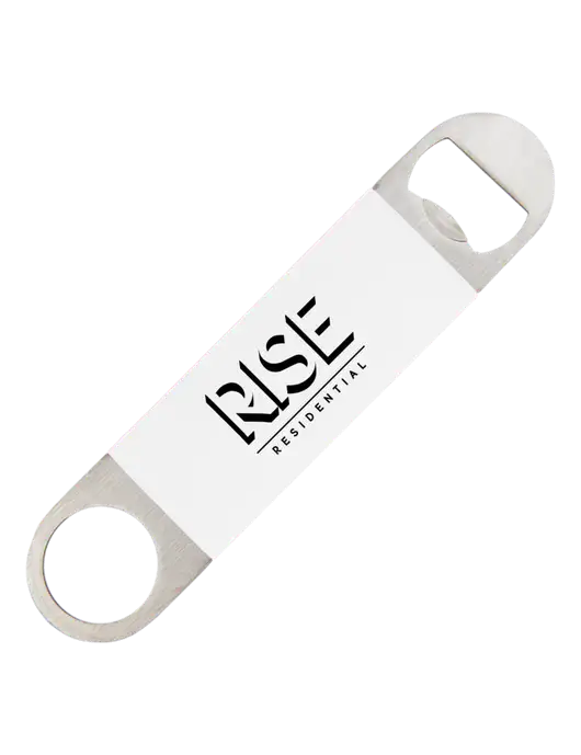 White Bottle Opener with Silicone Grip w/Rise Residential Logo