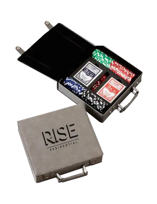 Grey Leatherette 100 Chip Poker Set w/Rise Residential Logo