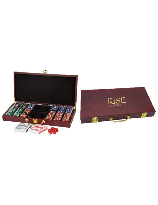 Rosewood Poker Set, 300 Chips w/Rise Residential Logo