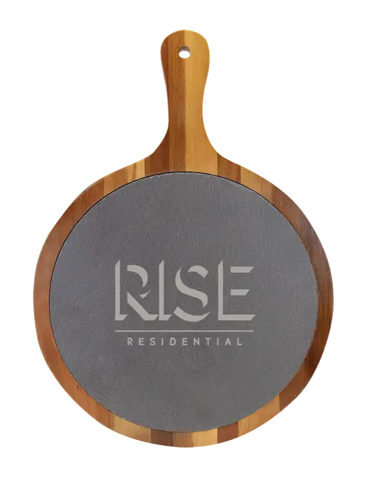 Acacia Wood & Slate Round Cutting Board & Handle 10.5 x 14.5 w/Rise Residential Logo