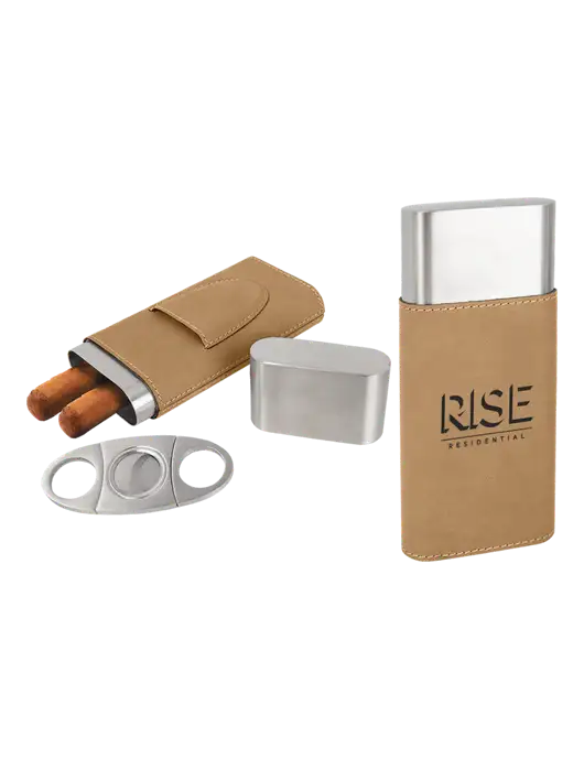Tan Leatherette Cigar Case with Cutter w/Rise Residential Logo