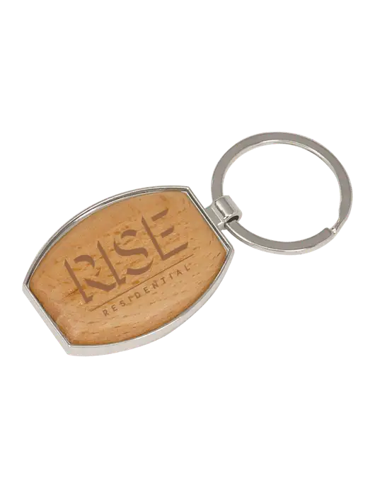 Wood & Silver Oval Keychain w/Rise Residential Logo