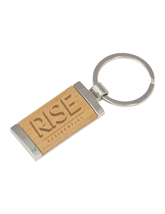 Wood & Silver Rectangle Keychain w/Rise Residential Logo