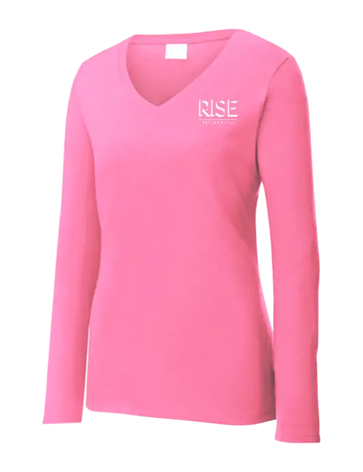 Womens  V-Neck Ring Spun Pink 4.5 oz Long Sleeve T-Shirt w/Rise Residential Logo